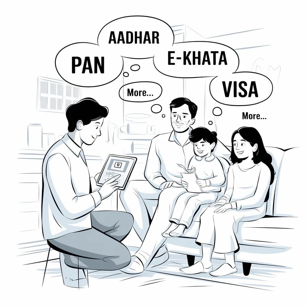 Document services including Aadhar, PAN, E-Khata, and Visa